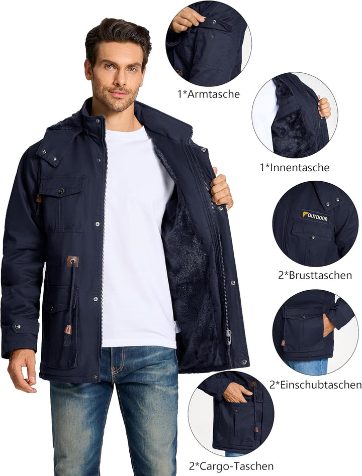 KEFITEVD Winterparka Herren Fleece Gefüttert Winterjacke mit Viele Taschen Kapuze Warm Winter Mantel
