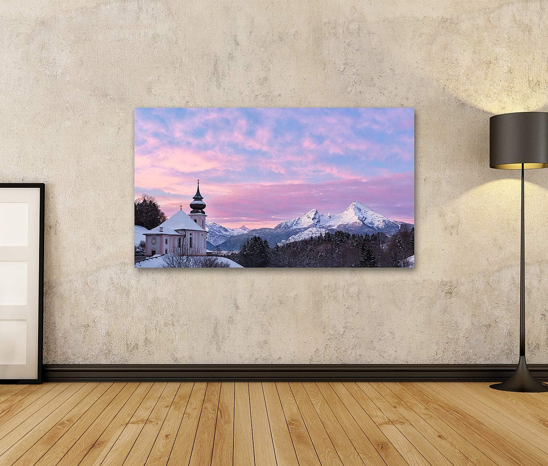 islandburner Bild auf Leinwand Watzmann Sonnenuntergang Kirche Bayern Berchtesgaden Deutschland Alpe