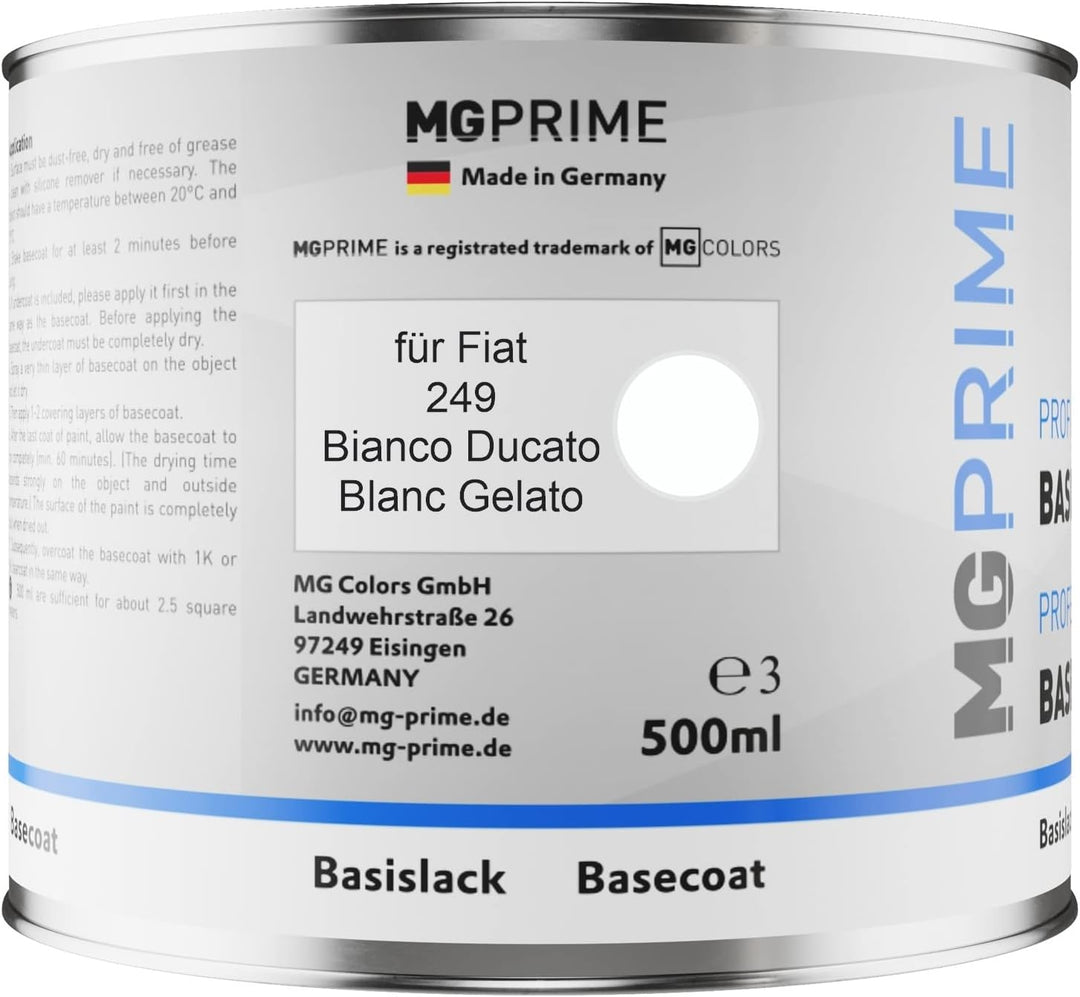 MG PRIME Autolack Dose spritzfertig für Fiat 249 Bianco Ducato/Blanc Gelato Basislack 0,5 Liter 500m