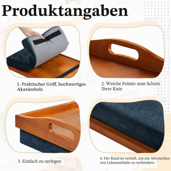 Tioncy Knietablett aus Bambus mit abnehmbarem Kissen, 42 x 33 cm, Knietablett mit Griffen, für Erwac