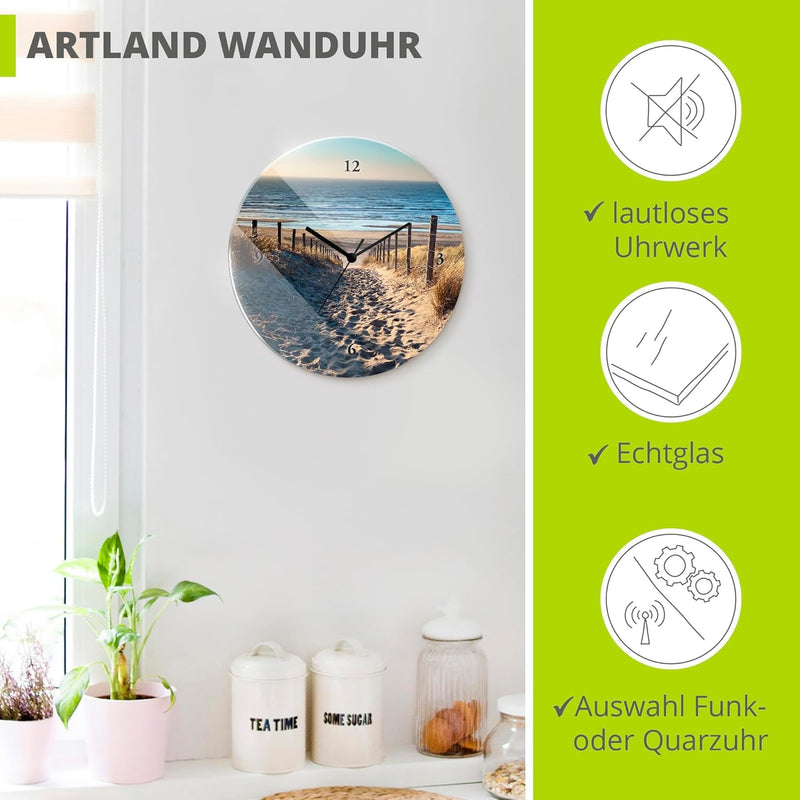 ARTLAND Wanduhr ohne Tickgeräusche Glas Quarzuhr Ø 30 cm Rund Lautlos Strand Meer Düne Nordsee Urlau