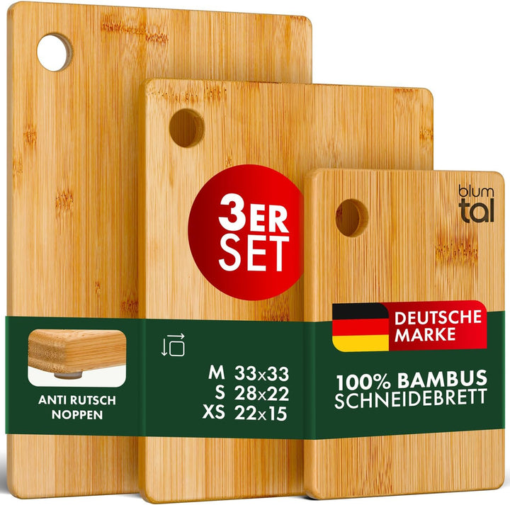 Blumtal Bambus Schneidebrett Carlota 3er Set - Hackbrett mit Loch zum aufhängen, Küchenhelfer aus 10