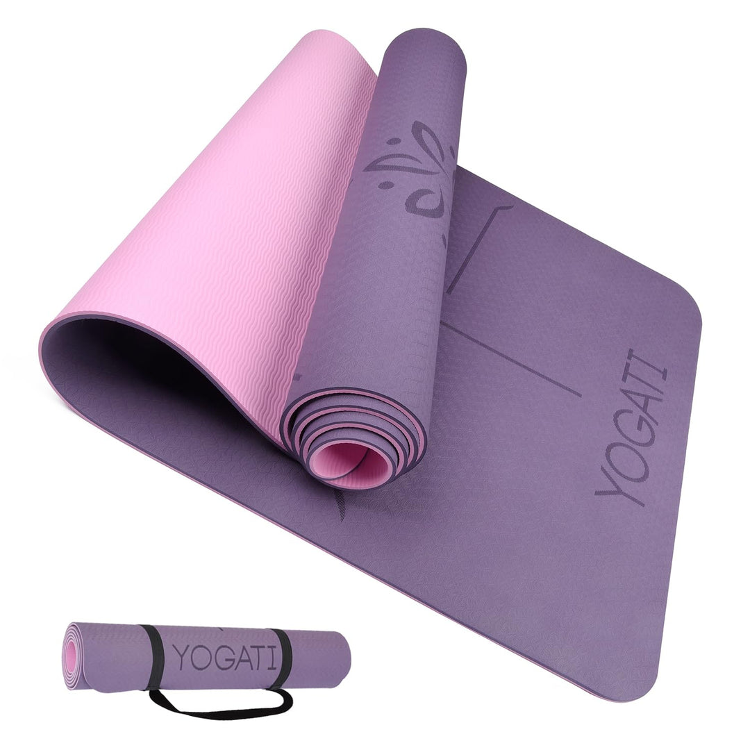YOGATI Yogamatte rutschfest Schadstofffrei, mit Tragegurt. Yoga Matte mit Ausrichtungslinien. Ideal