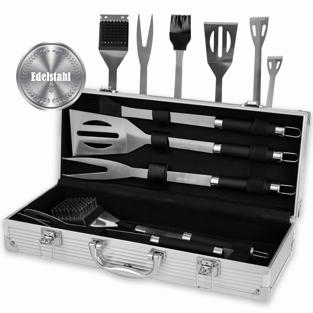 Lehmann Grillbesteck Set aus Edelstahl im Koffer | Grill Zubehör Set mit Pfannenwender, Gabel und Gr