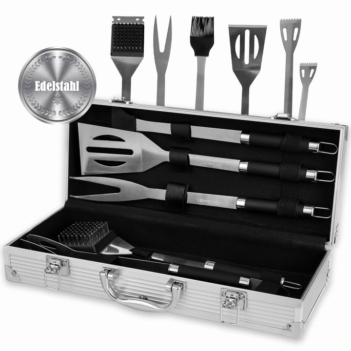 Lehmann Grillbesteck Set aus Edelstahl im Koffer | Grill Zubehör Set mit Pfannenwender, Gabel und Gr