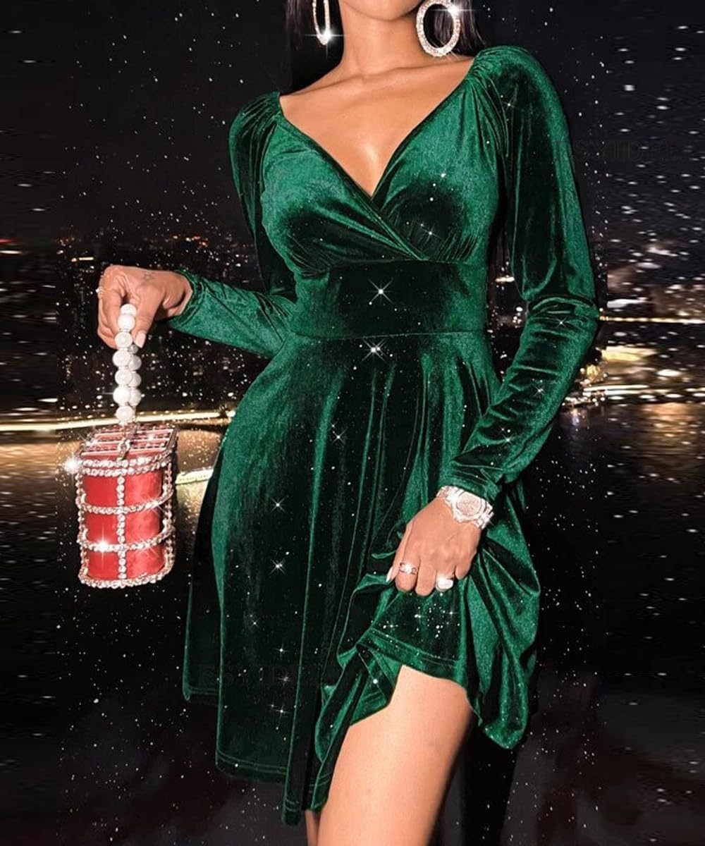 Damen Samtkleid Elegant Abendkleid Langarm Cocktailkleid Rundhals Kleid Bodycon festliches Partyklei