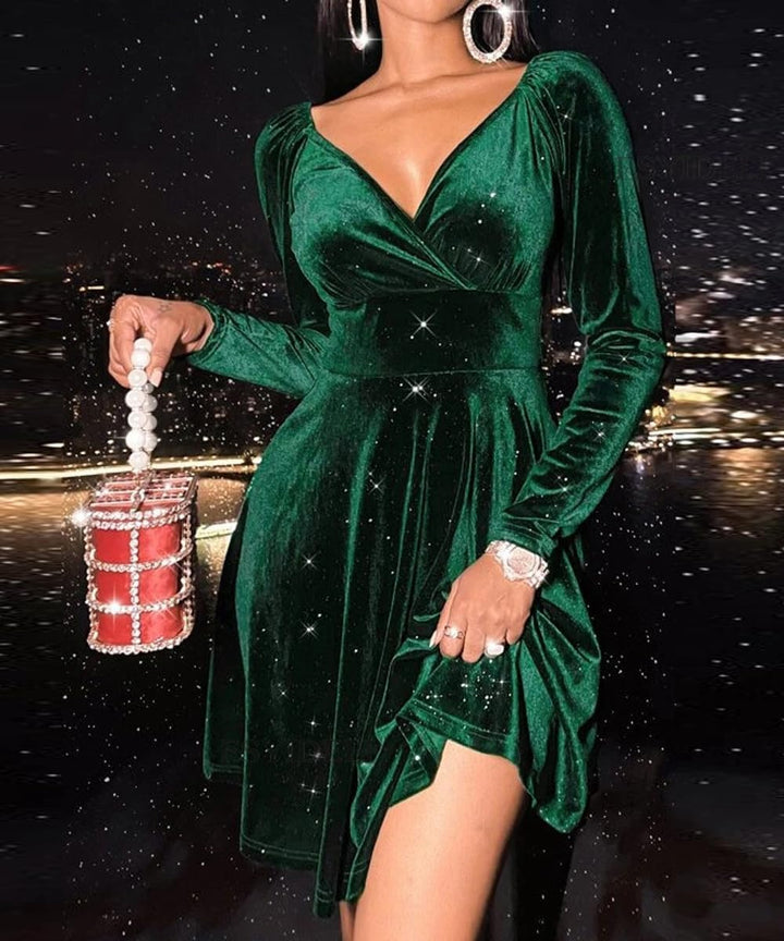 Damen Samtkleid Elegant Abendkleid Langarm Cocktailkleid Rundhals Kleid Bodycon festliches Partyklei