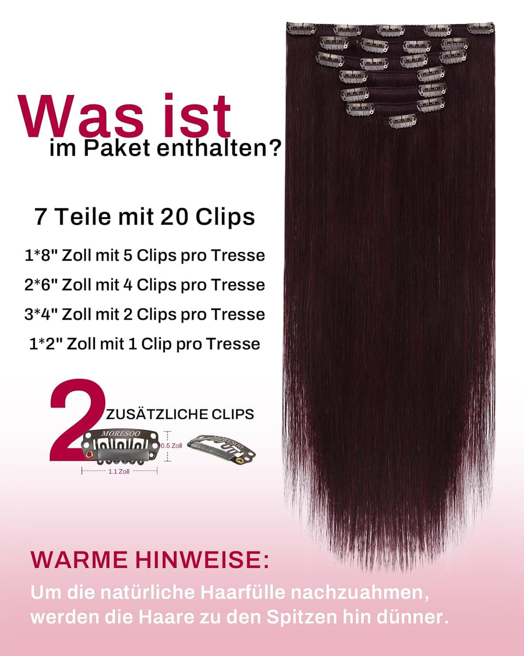 Moresoo Clip Extensions Echthaar Clip in Extensions Rot Doppelt Tressen Haarverlängerung Echthaar Cl