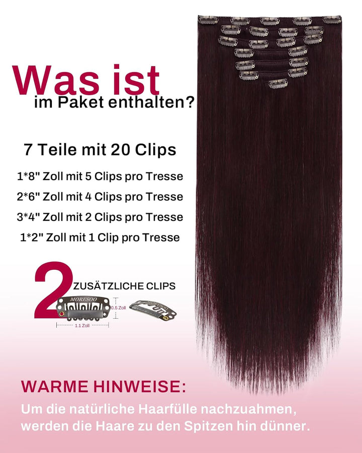 Moresoo Clip Extensions Echthaar Clip in Extensions Rot Doppelt Tressen Haarverlängerung Echthaar Cl