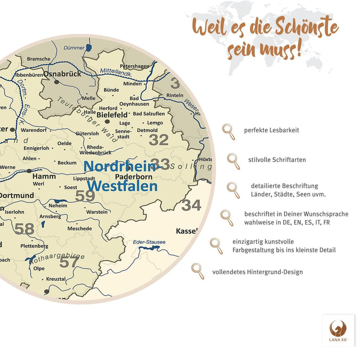 LanaKK - Deutschlandkarte Leinwandbild mit Korkrückwand zum pinnen der Reiseziele "Deutschlandkarte