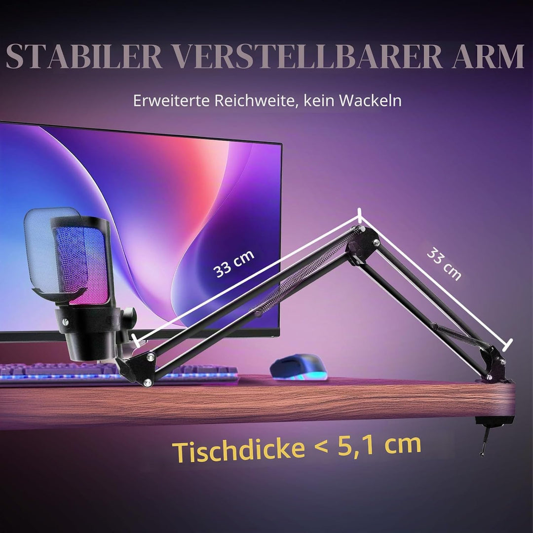 VCOM Gaming Mikrofon mit Arm, USB Microphone Kit mit RGB Modi, Mute, Pop-Filter, PC Mikrofon für Pod