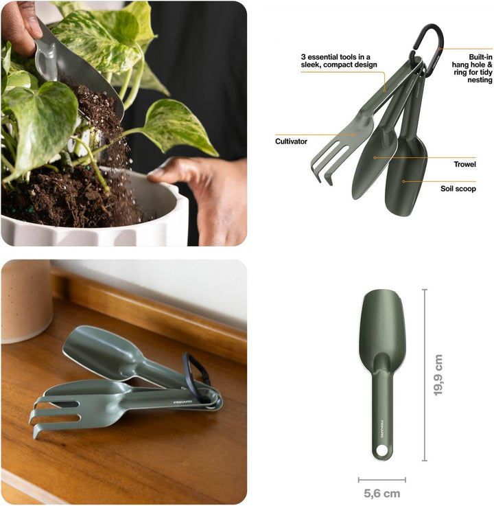Fiskars Urban Plant Care Pflanzwerkzeuge Set, 3-TLG, Basic-Kit für die Pflanzenpflege, Platzsparende