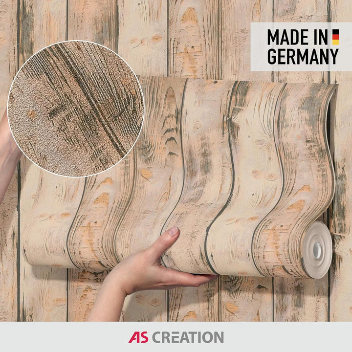 Rustikale 3D Holzplanken Vliestapete im Vintage Landhausstil – Beige, Braun