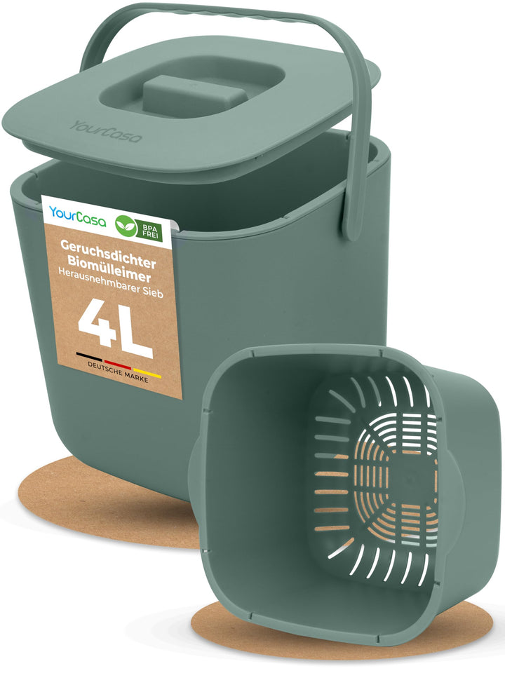 YourCasa Biomülleimer Küche 4L - Komposteimer mit herausnehmbarem Sieb & Deckel - geruchsdicht, spül