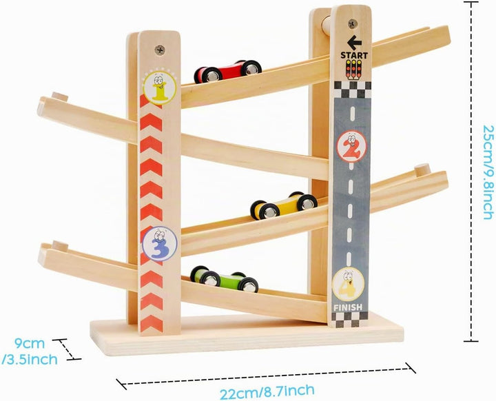 NUKied Kugelbahn Holz,Premium Holzspielzeug mit 4 Autos,Autorennbahn Holz Spielzeug für Jungen Gesch