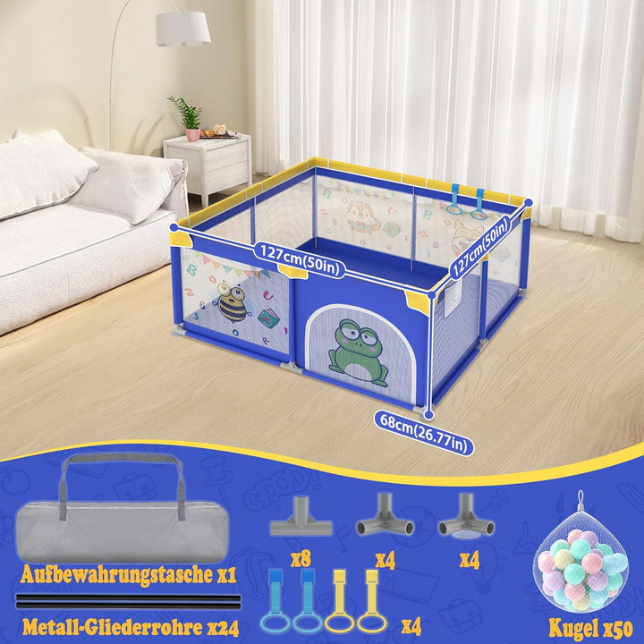 HENGMEI Baby Laufgitter Laufstall Absperrgitter 127x127cm Aktivitätszentrum mit Rutschfester Basis,