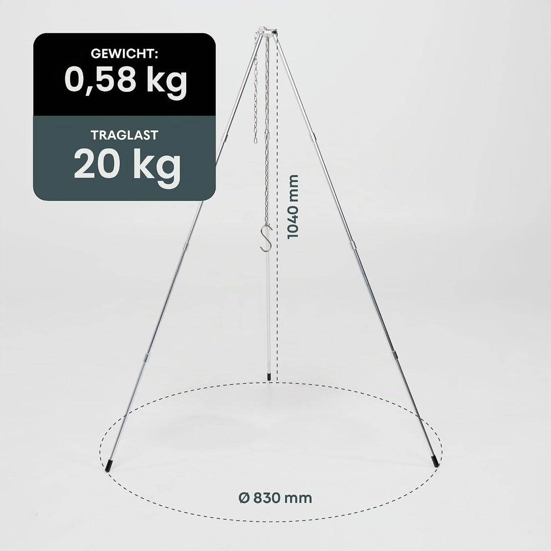 BOXIO - TRIPOD: Leichtes Camping Dreibein aus Aluminium mit Haken &amp; Kette | Steckbares Stativ für Ou