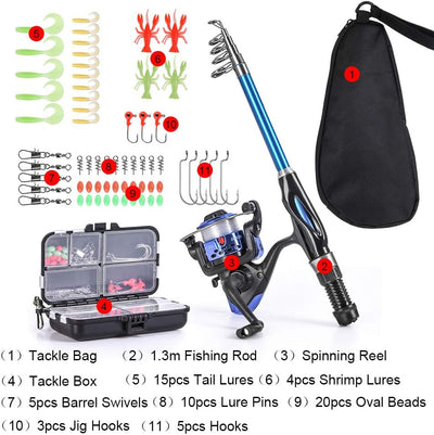 Lixada Angelrute Rolle Combo Komplettes Set 1,3 m/1,5 m Teleskop-Angelrute Spinnrolle Set mit Haken
