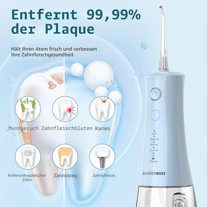 BarberBoss Munddusche Kabellos, elektrische Zahnseide mit 5 Druckmodi, IPX8 wasserdicht, tragbare Mu