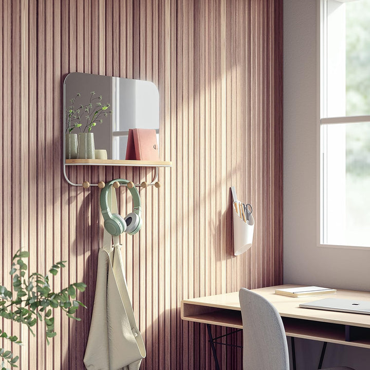 Umbra Estique Wandspiegel mit Ablage und 6 Haken, Accessoire Organizer für den Eingang, Weiss Weiss