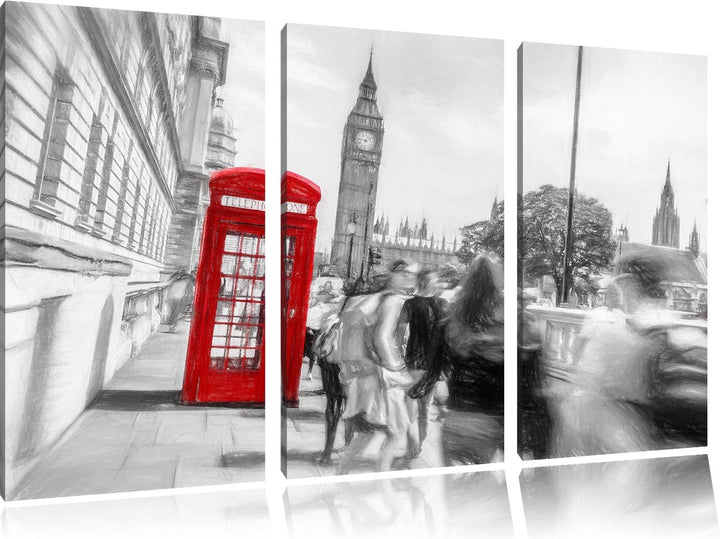 Pixxprint Typische Telefonzelle in London / 3-Teilig/Gesamtmass 120cm Leinwandbild bespannt auf Holz