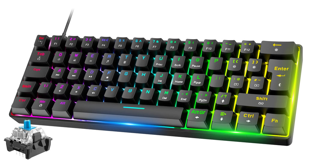 Mini 60% RGB Gaming-Tastatur,Mechanischer Blaue Schalter mit Kompakten 62 Tasten,18 RGB LED-Chroma-H