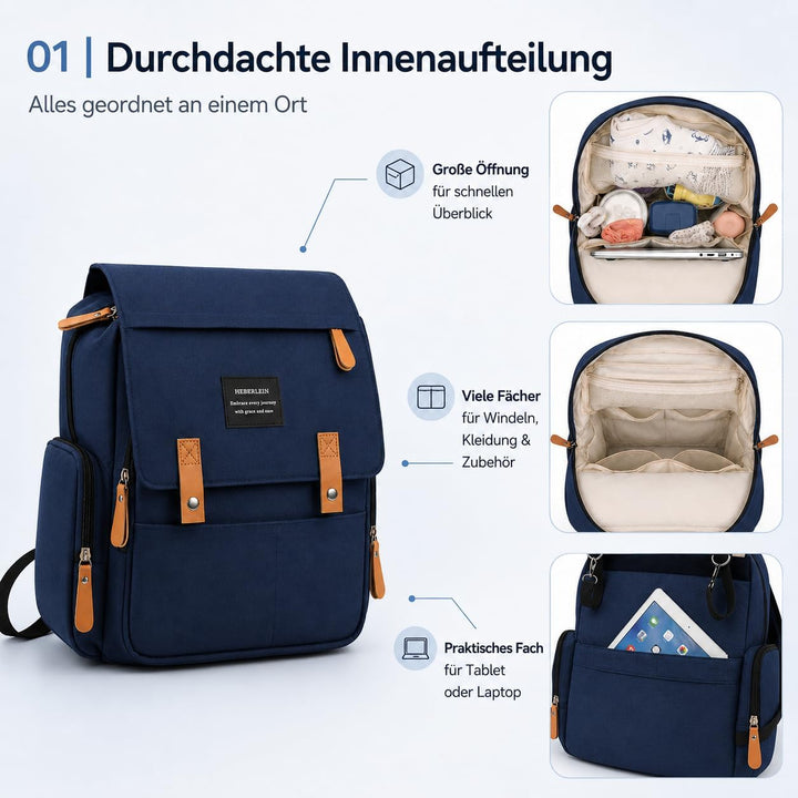 Heberlein Prestige Baby Wickelrucksack - grosse Wickeltasche für Mama &amp; Papa, wasserabweisend mit vi