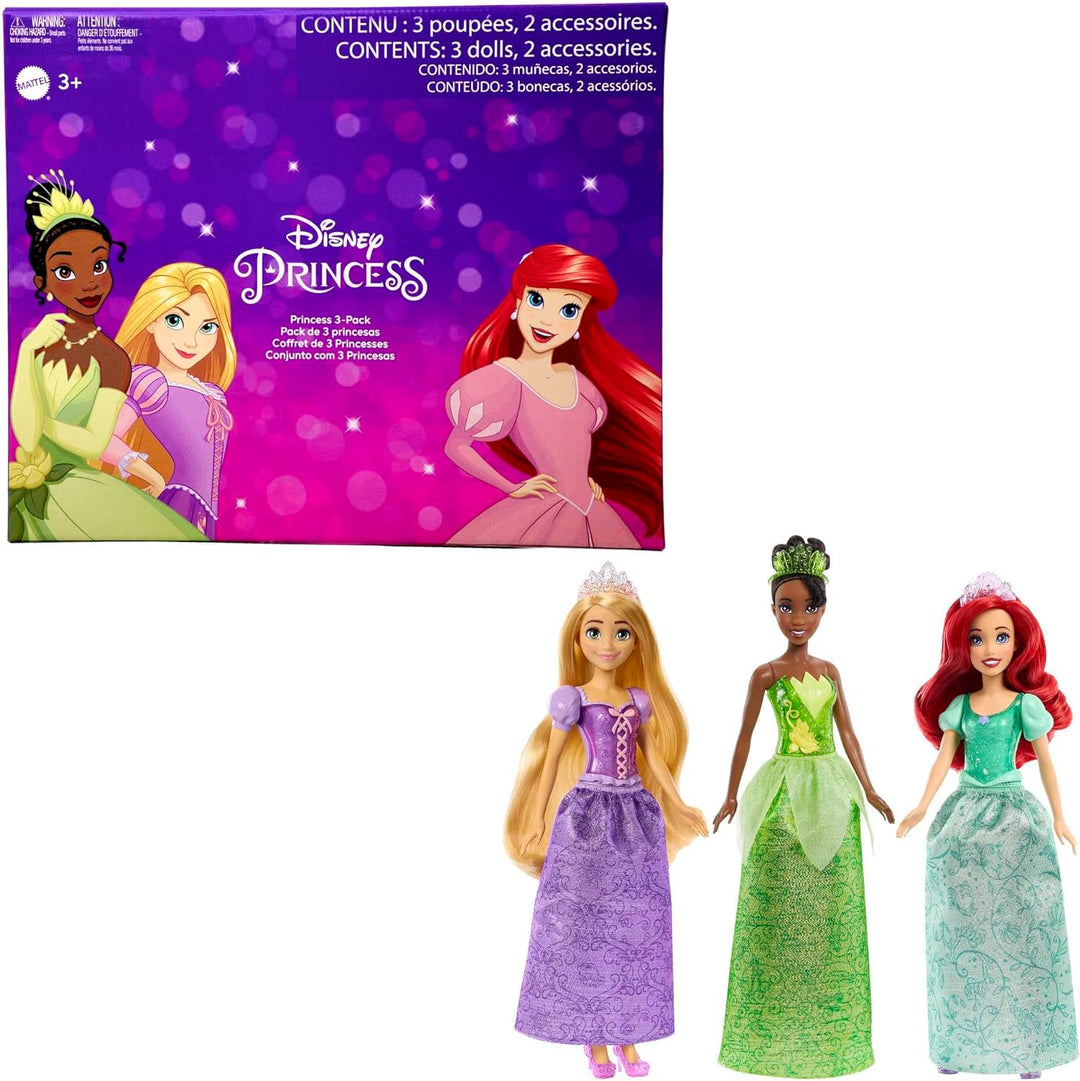 DISNEY Prinzessin 3er-Pack - Tiana, Rapunzel und Arielle mit Accessoires, abnehmbarem Diadem und Sch