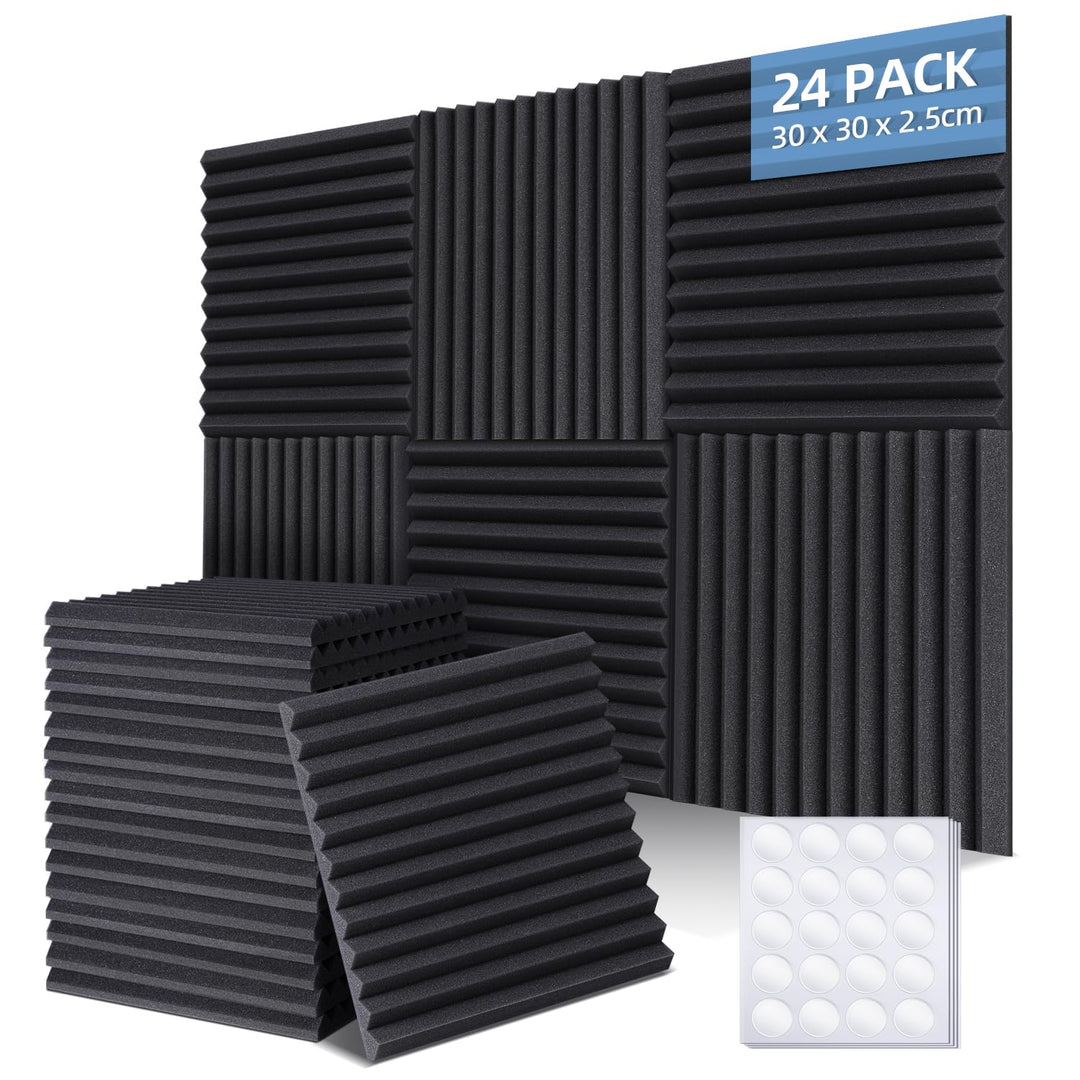 Ohuhu Schallschutzplatten 24 Stück mit Aufkleber, 30 x 30 x 2,5 cm Akustikschaumstoff Schallschutz S