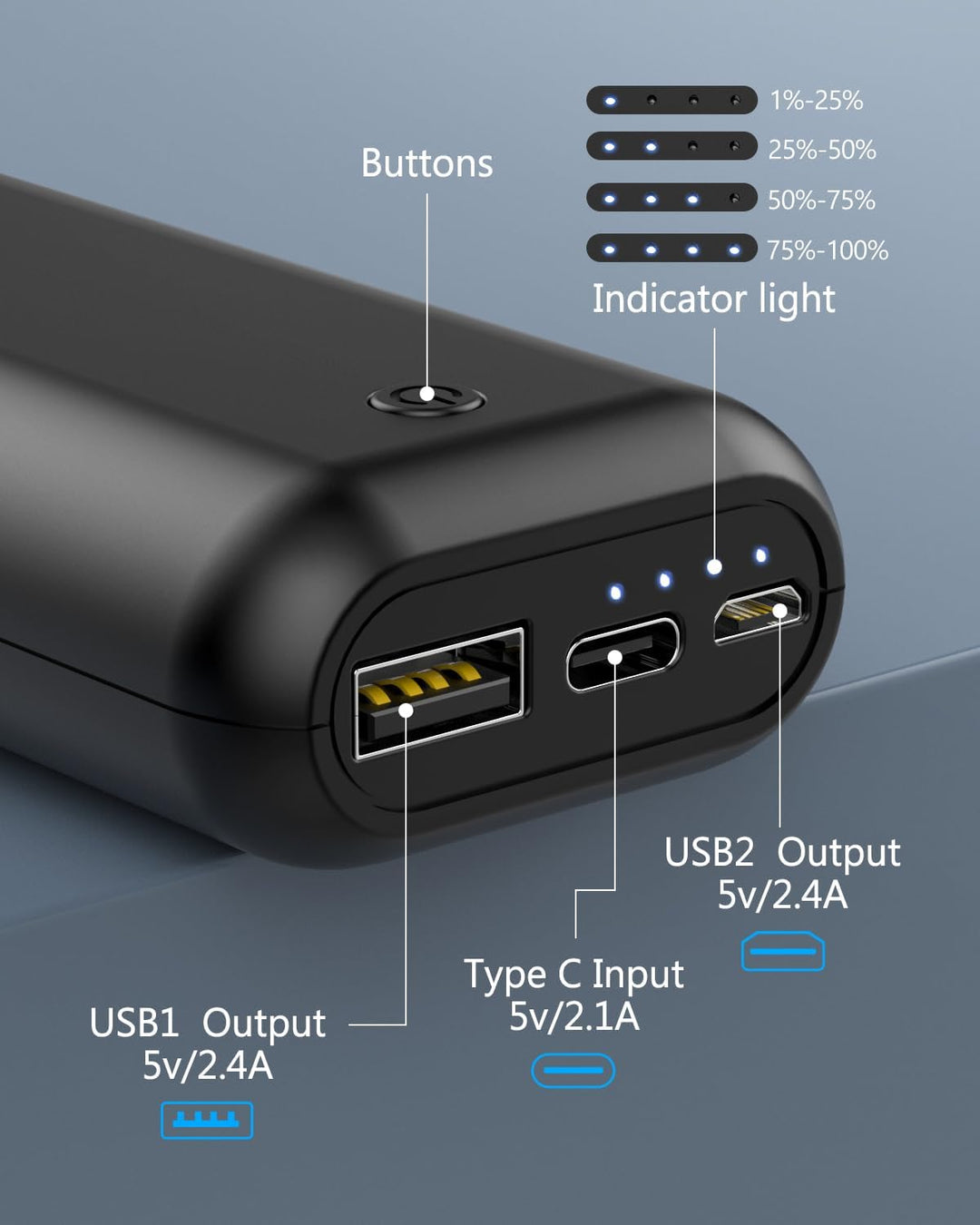 Powerbank 10000mAh Mini Kompakte Externer Akku Power Bank Klein Aber Stark mit Micro + USB C Handy L