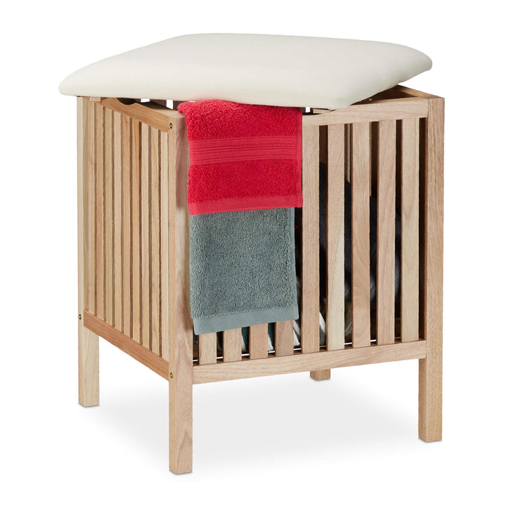 Relaxdays Wäschekorb mit Sitz, Badhocker mit Stauraum, 40 l Wäschesammler, Holz/Stoff, HBT: 51 x 41