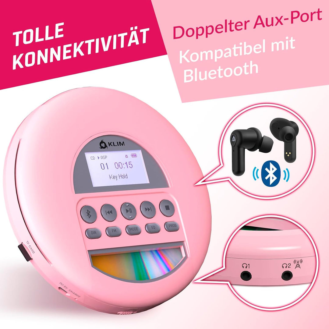 KLIM Nomad CD Player Bluetooth - Tragbarer CD-Player Discman mit langlebigem Akku - Inklusive Kopfhö