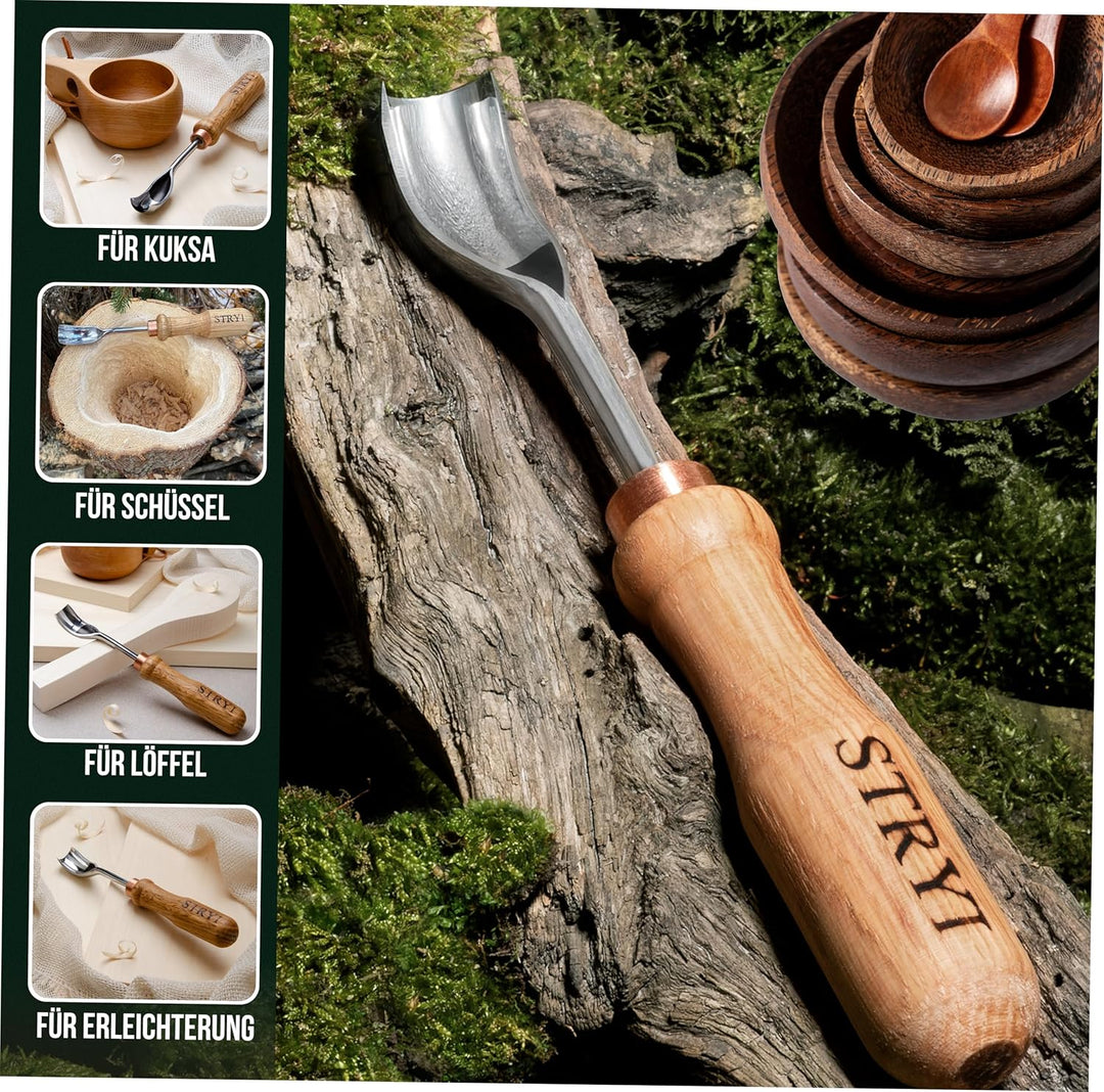 STRYI Profi Schnitzwerkzeug: Gebogenes Hohleisen 20mm (Bent Gouge), Hochwertiger Carbonstahl, Handge