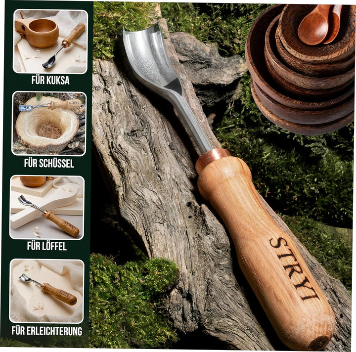 STRYI Profi Schnitzwerkzeug: Gebogenes Hohleisen 20mm (Bent Gouge), Hochwertiger Carbonstahl, Handge