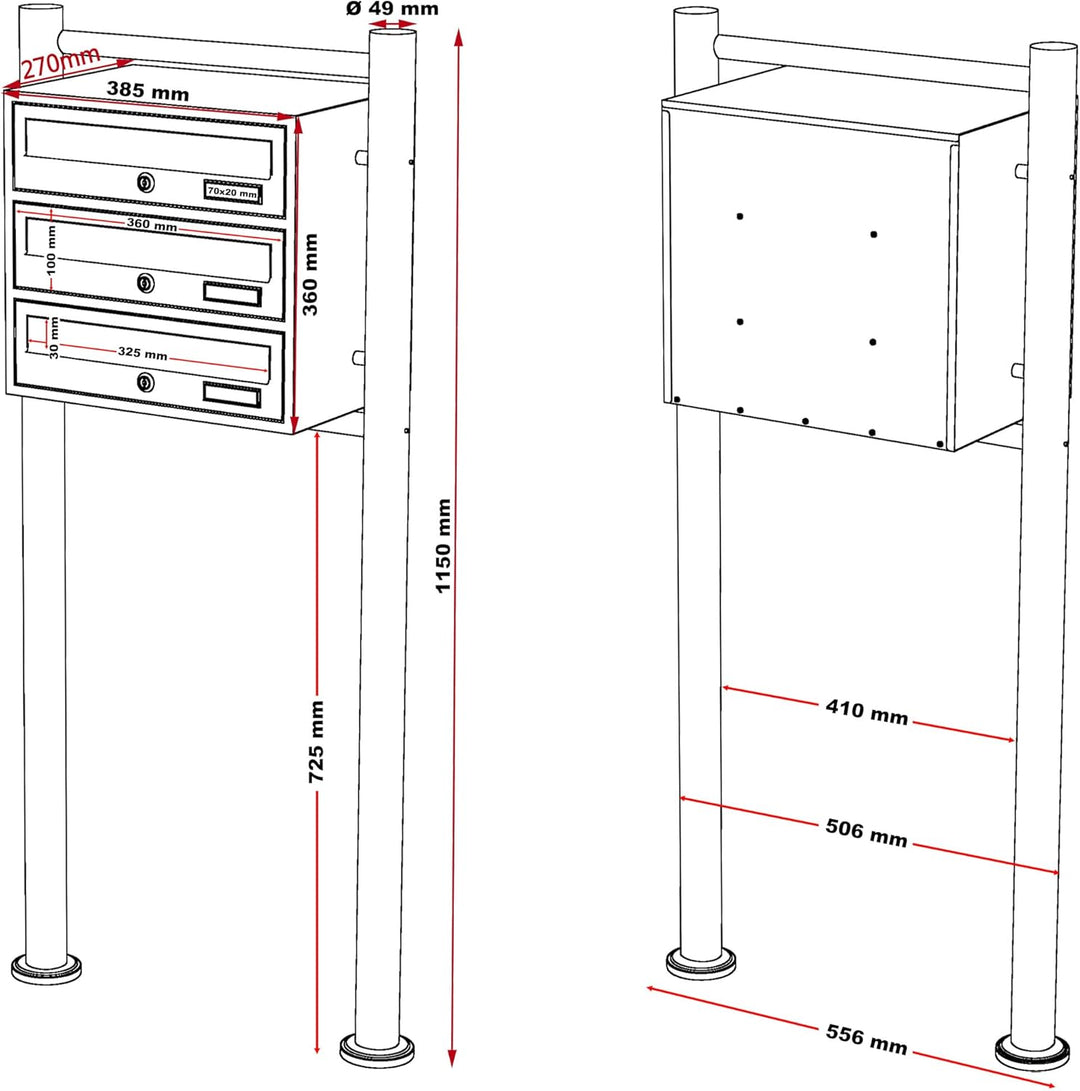 Wiltec 3er Briefkastenanlage Anthrazit 512 x 270 x 1150 mm, Standbriefkasten mit 3 Fächern, Schlüsse