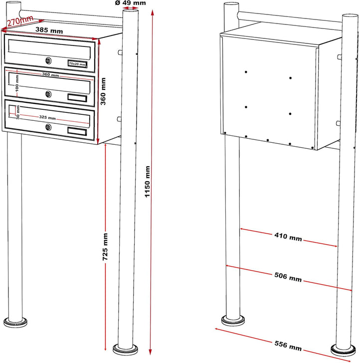 Wiltec 3er Briefkastenanlage Anthrazit 512 x 270 x 1150 mm, Standbriefkasten mit 3 Fächern, Schlüsse