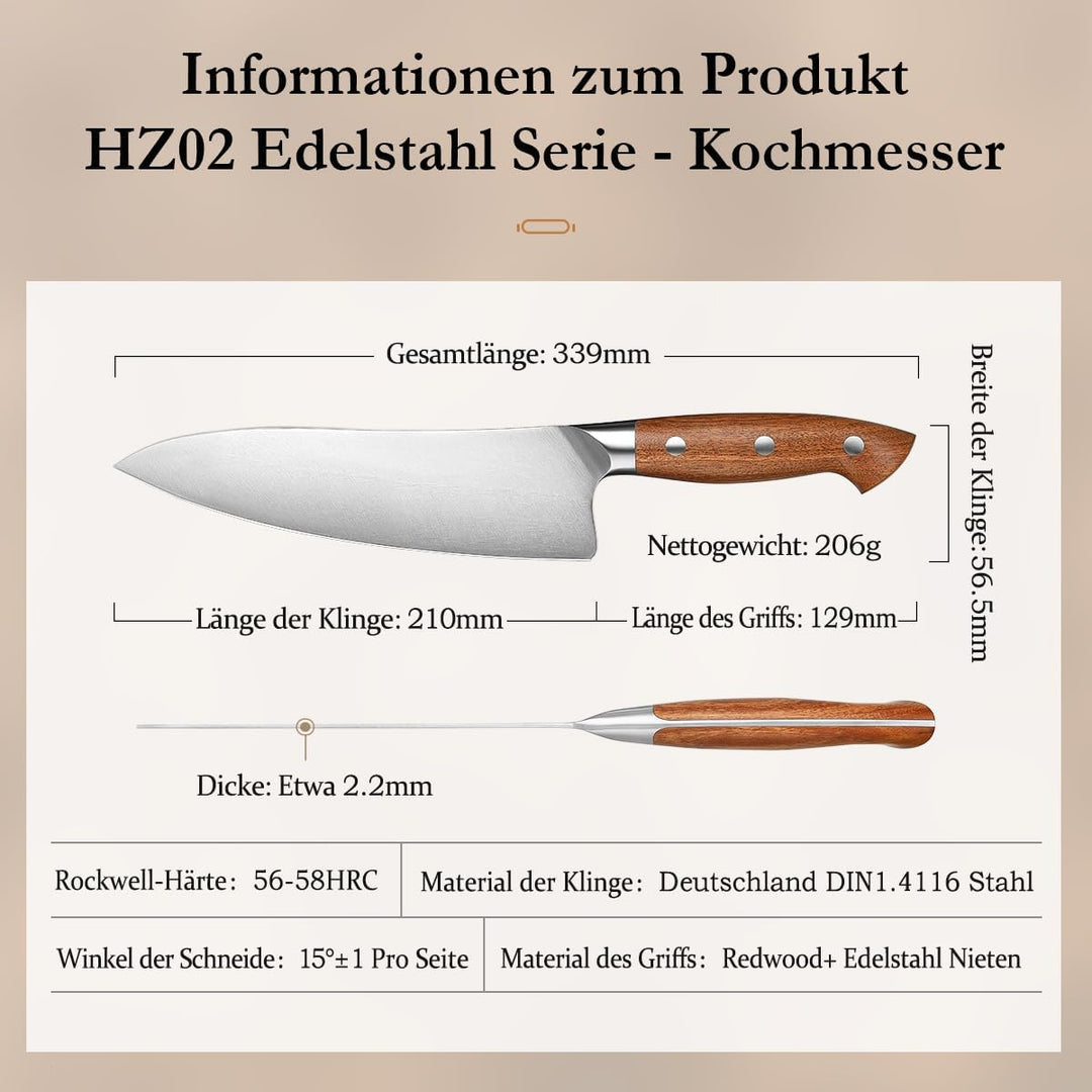 HEZHEN 21cm Kochmesser German DIN 1.4116 Stahl, Scharfe Messerklinge Chefmesser, Profi Küchenmesser