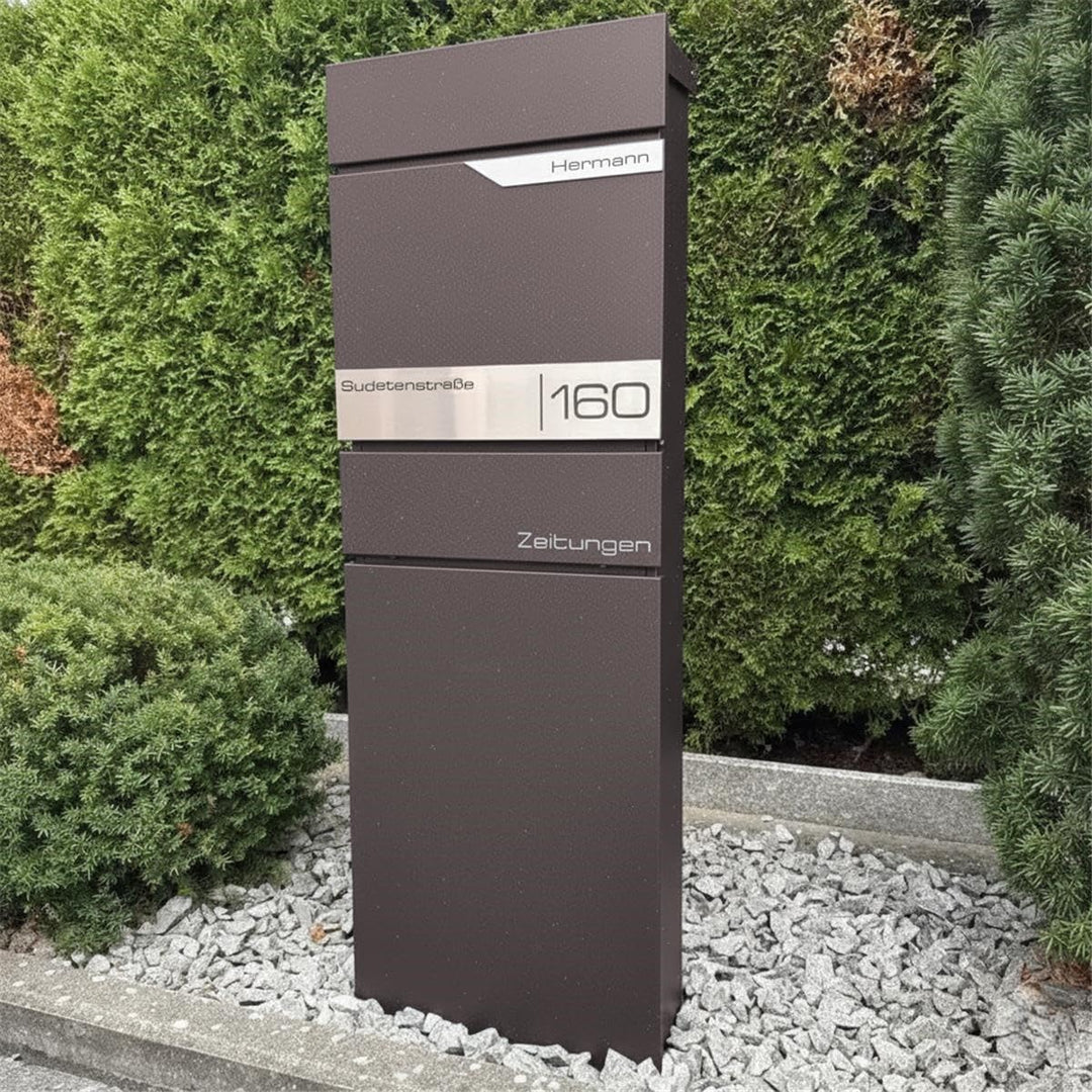 Metzler Standbriefkasten freistehend in DB 703 Eisenglimmer aus Stahl mit Zeitungsfach - personalisi