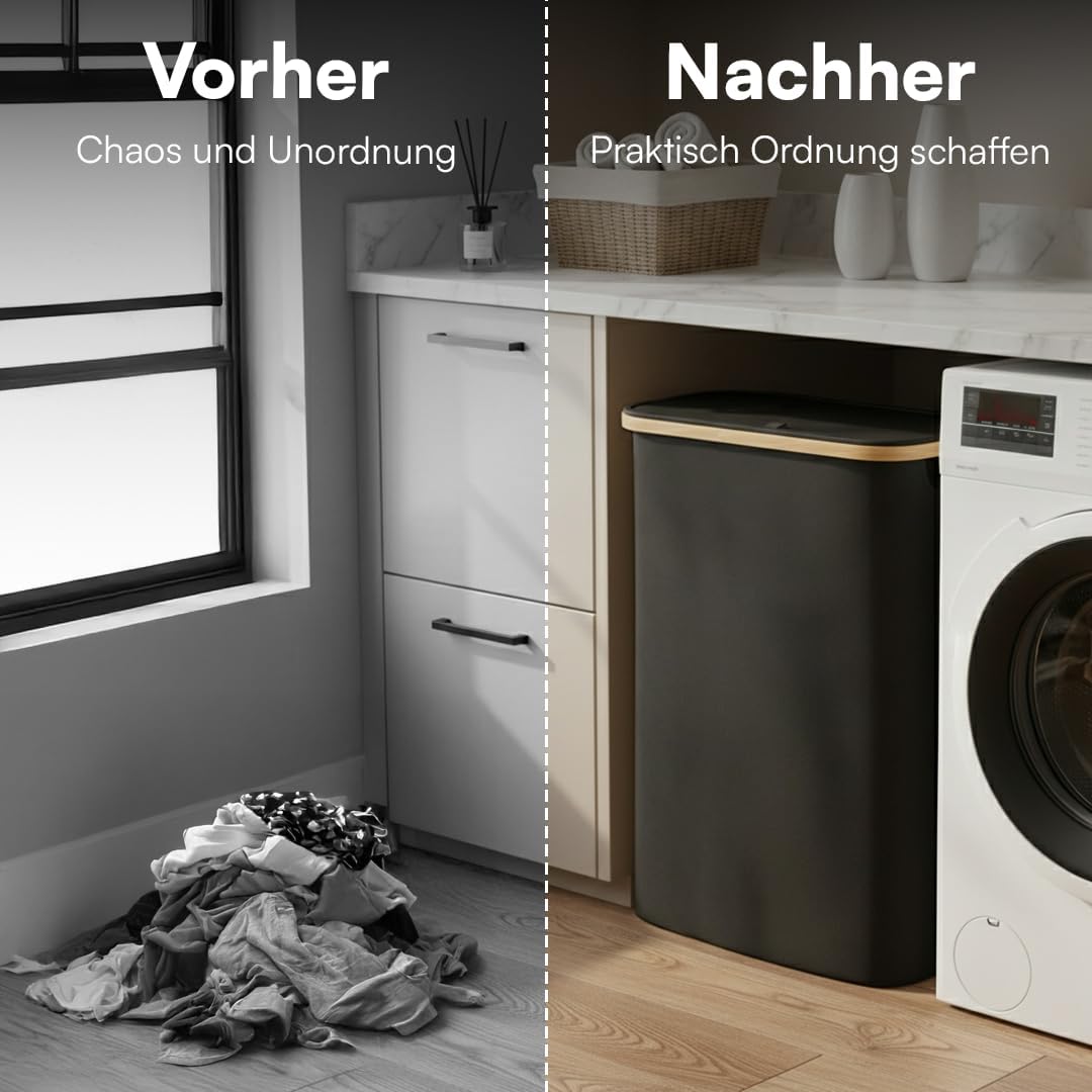 Bellamio Tolt Wäschekorb 3 Fächer schwarz – Wäschesammler 150 L mit Deckel – Wäschesammelbox aus Oxf