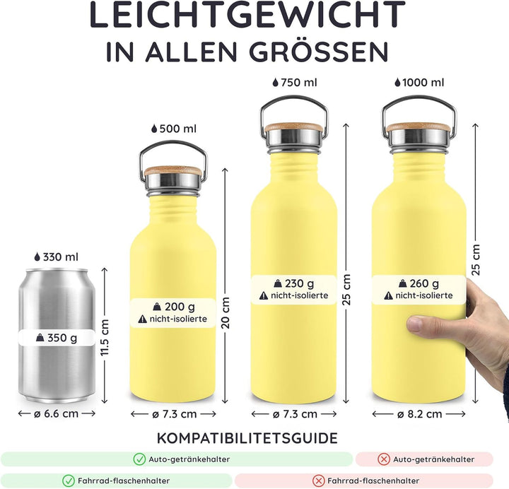 Bambaw Trinkflasche Edelstahl 750ml, Nicht-isolierte Gelbe Trinkflasche, Trinkflaschen Spülmaschinen