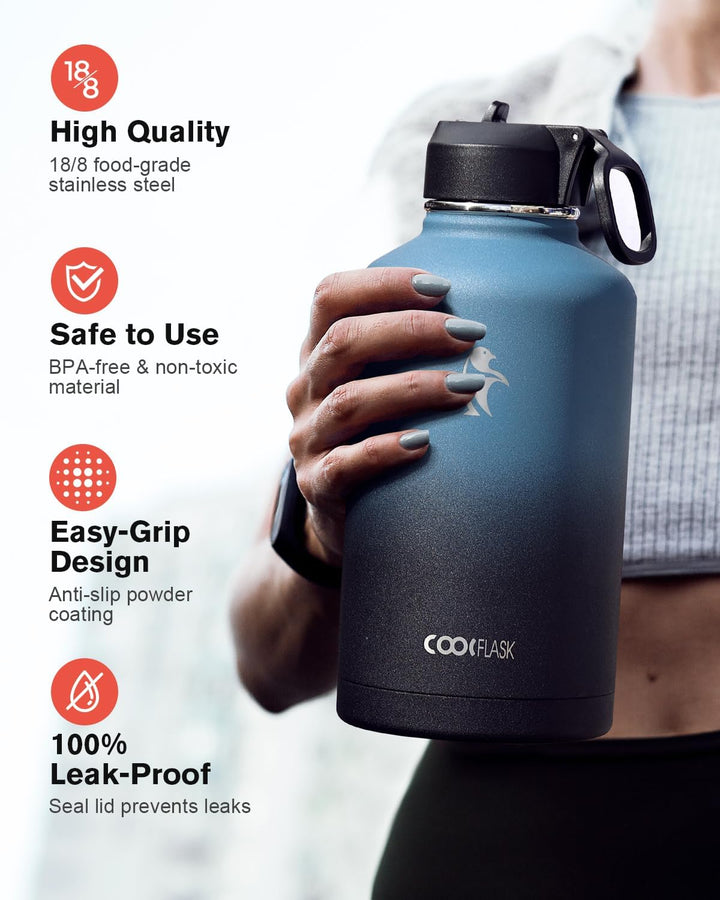 Coolflask Isolierte Wasserflasche 2L, Wasserflasche mit Strohhalm & 3 Deckeln, Isolierte Trinkflasch