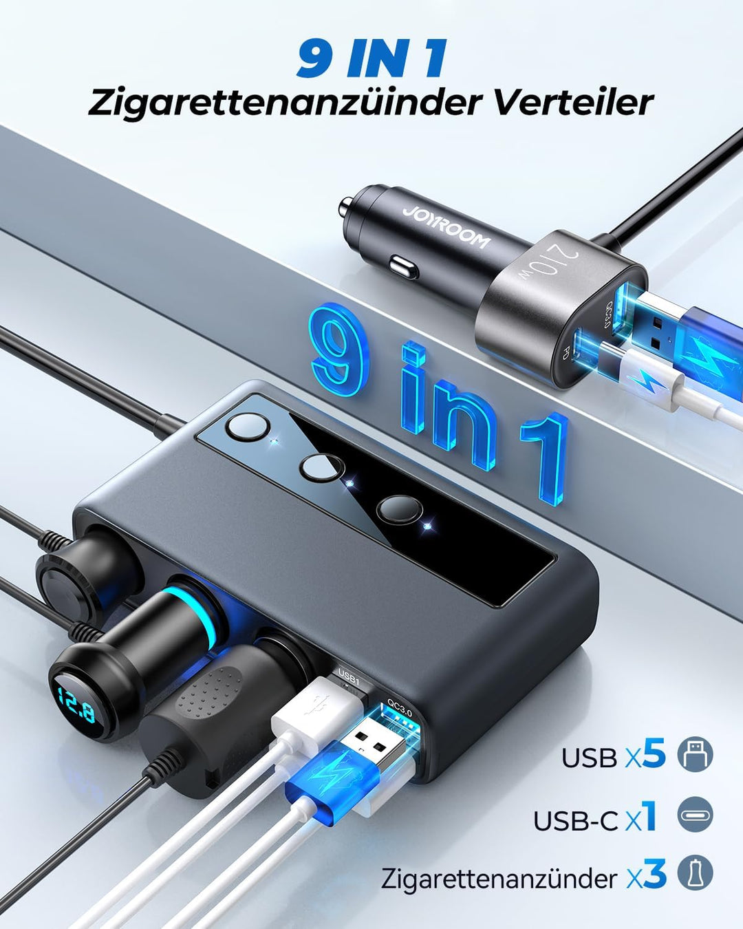 JOYROOM Zigarettenanzünder Verteiler, 154W Auto KFZ Ladegerät Adapter, 3 Fach 12V/24V Stecker Ladeka