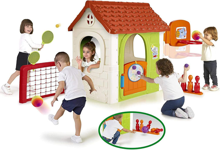 FEBER- Multi-Aktivitätshaus 6in1, Kinderhaus mit 6 Aktivitäten, Bowling, Schläger, Ballspiele, Fussb