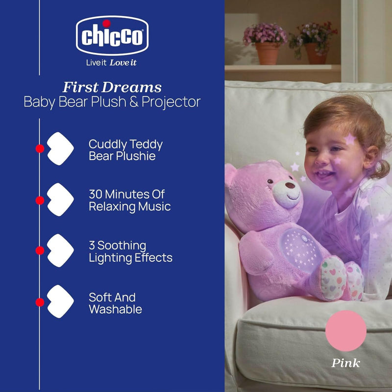 Chicco First Dreams Baby Bär Plüsch-Teddybär, weicher Projektor mit Nachtlicht, Lichteffekten und en