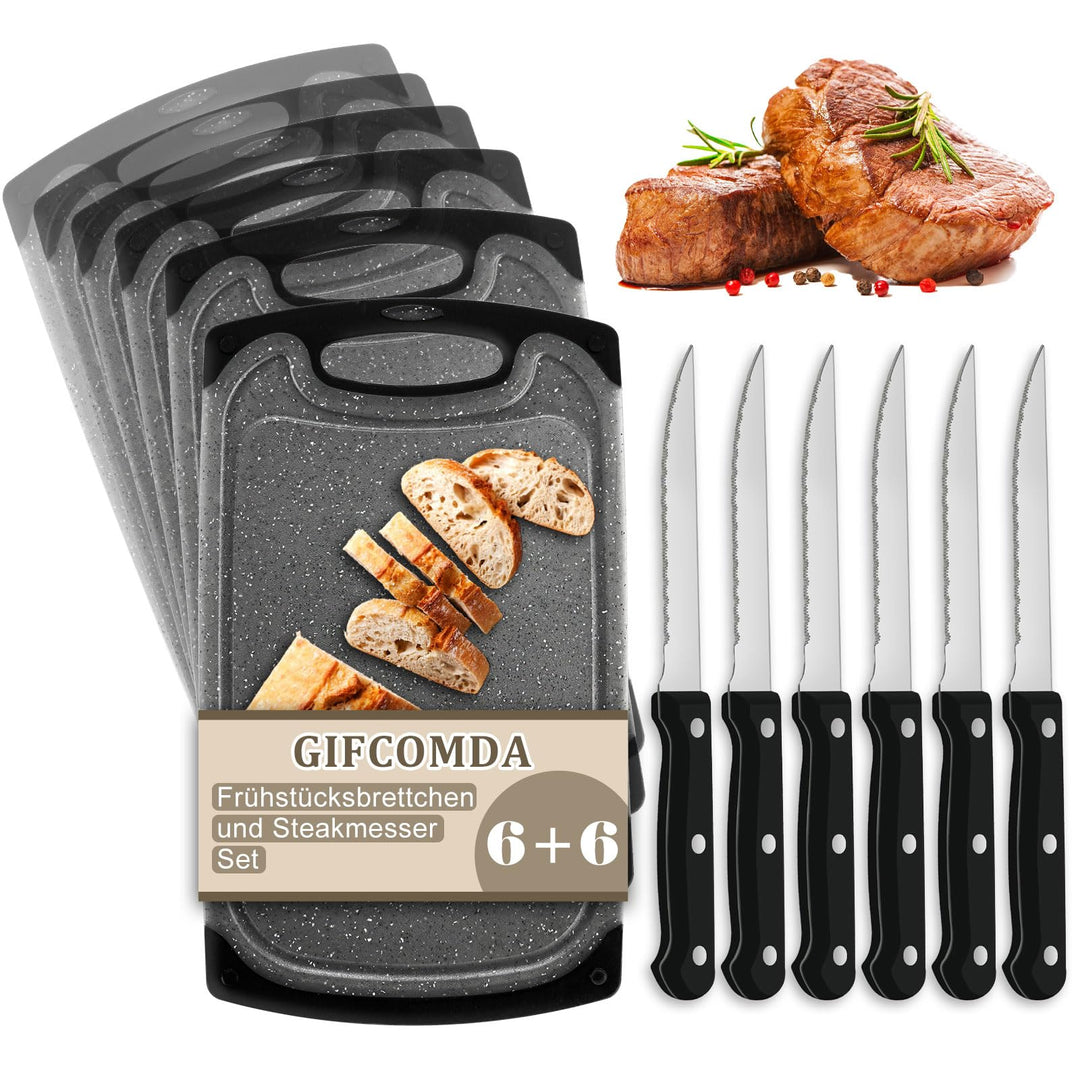 Frühstücksbrettchen 6er Set mit 6er Steakmessern, 25x15cm Kleines Dunkelgrau Frühstücksbrettchen Kun
