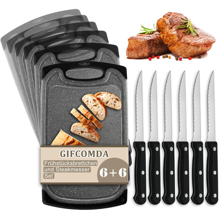 Frühstücksbrettchen 6er Set mit 6er Steakmessern, 25x15cm Kleines Dunkelgrau Frühstücksbrettchen Kun