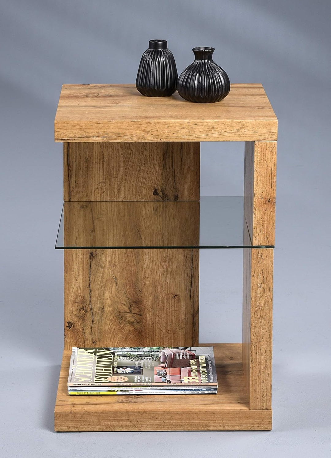 HomeTrends4You Domingo Beistelltisch/Nachttisch, MDF, Sicherheitsglas, Wildeiche,