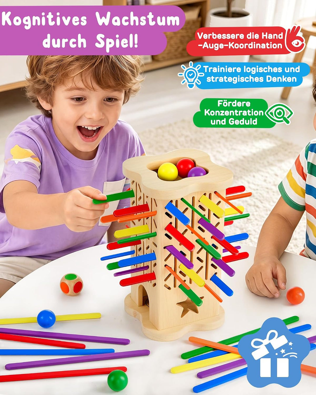 Montessori Holz Brettspiel ab 3–6 Jahre mit bunten Stäbchen & Ball | Holzspielzeug Kinder, Lernspiel