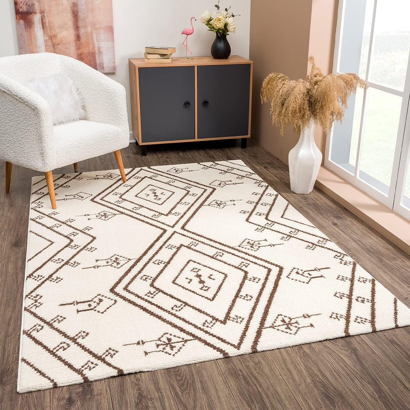 payé Teppich Wohnzimmer Ethno Berbermuster - Cream 140x200cm - Hochflor weich Boho Schlafzimmer Flur