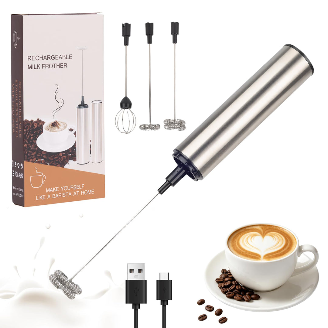 Milchaufschäumer Stab - Elektrischer Schneebesen, USB 800mah, 3 Aufsätzen 2 Geschwindigkeiten, Milch